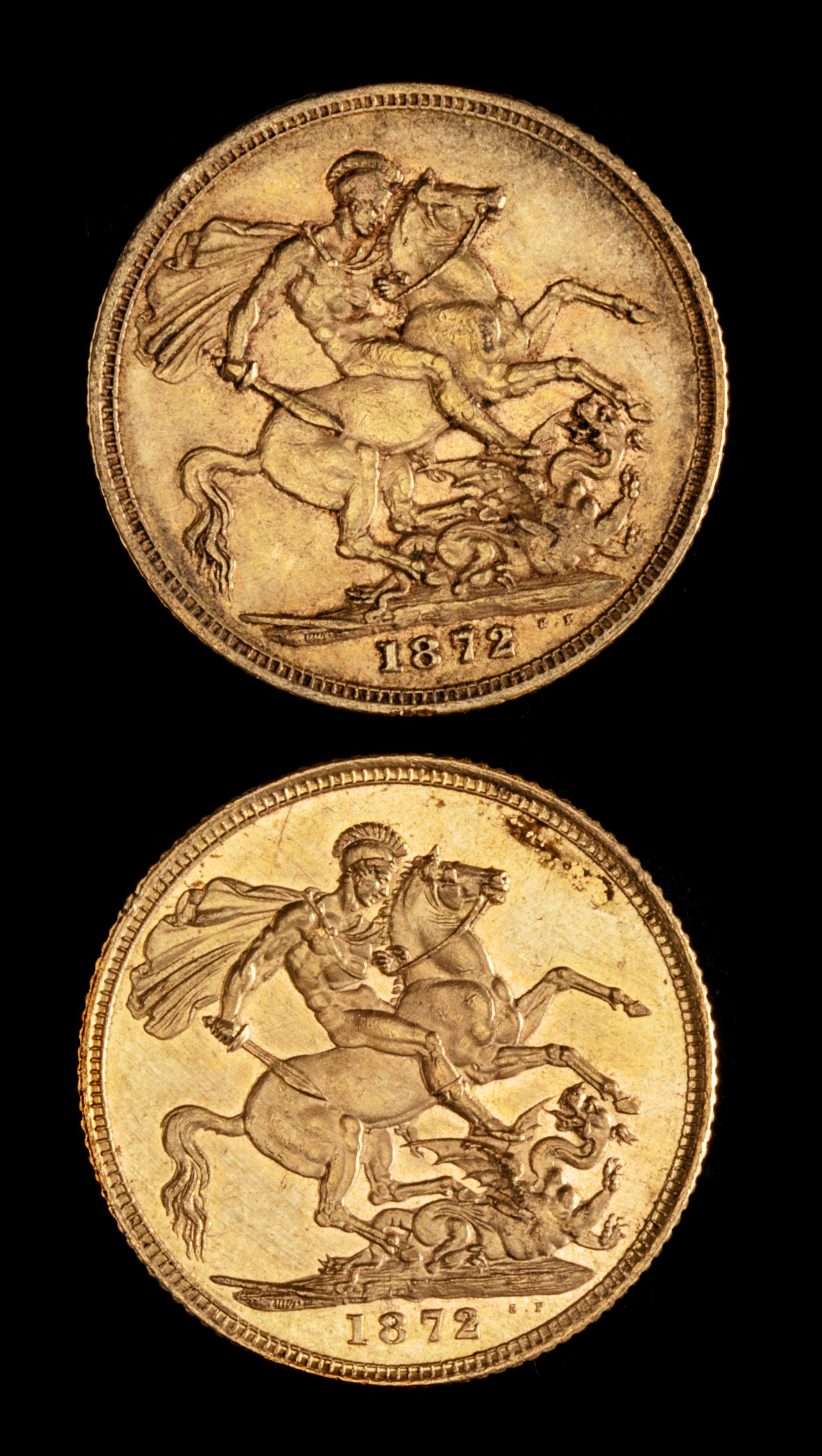 Two United Kingdom 1872 Sovereign: Young Victoria-London Mint Gold Coin