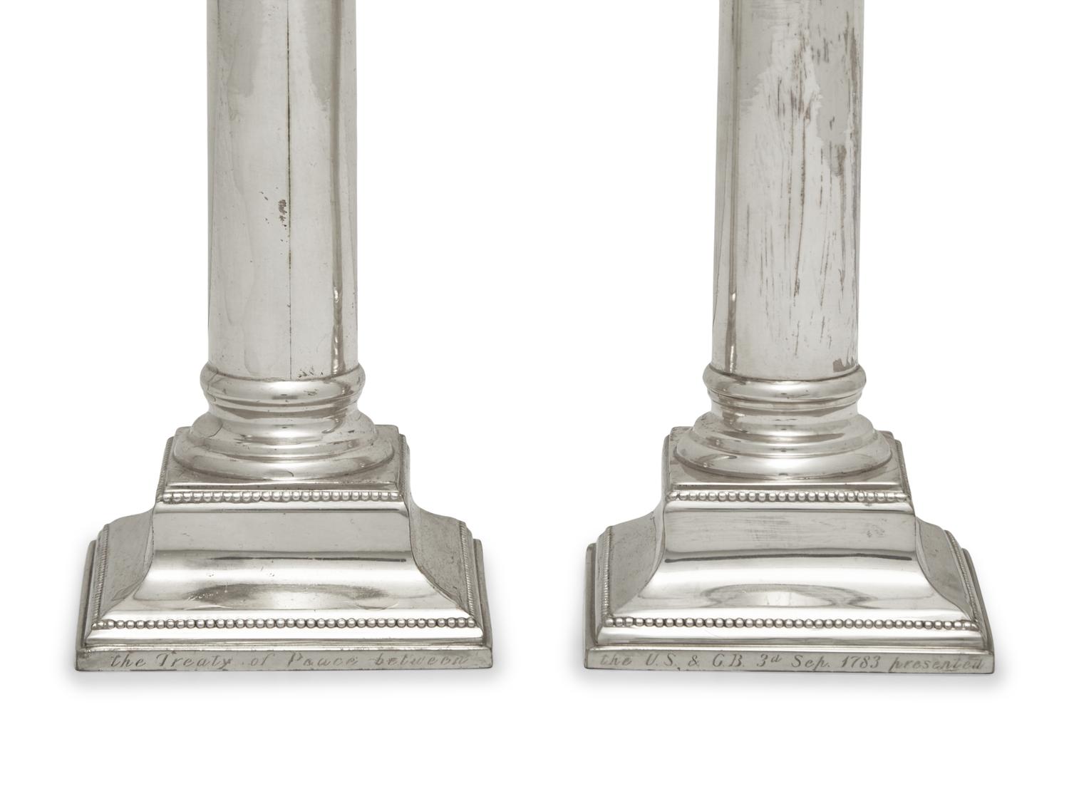 A Reproduction Silver-Plated Inkstand and a Pair of Reproduction Sterling Silver Candlesticks