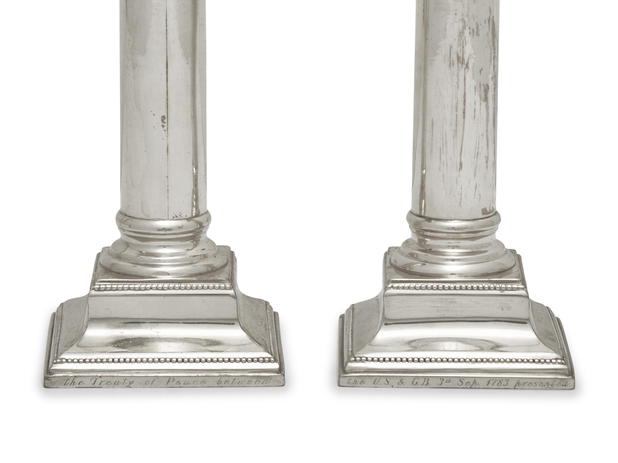 A Reproduction Silver-Plated Inkstand and a Pair of Reproduction Sterling Silver Candlesticks