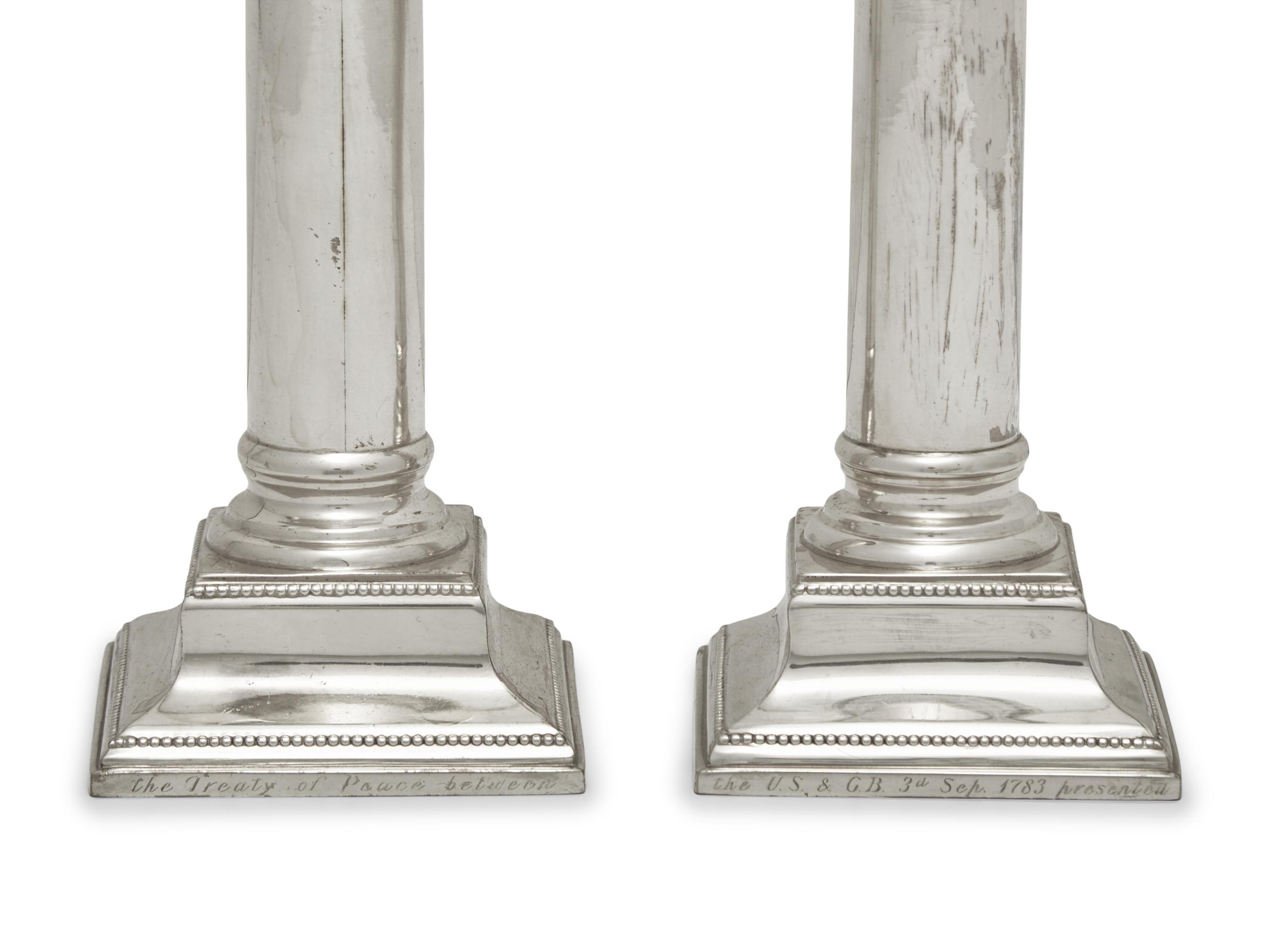 A Reproduction Silver-Plated Inkstand and a Pair of Reproduction Sterling Silver Candlesticks