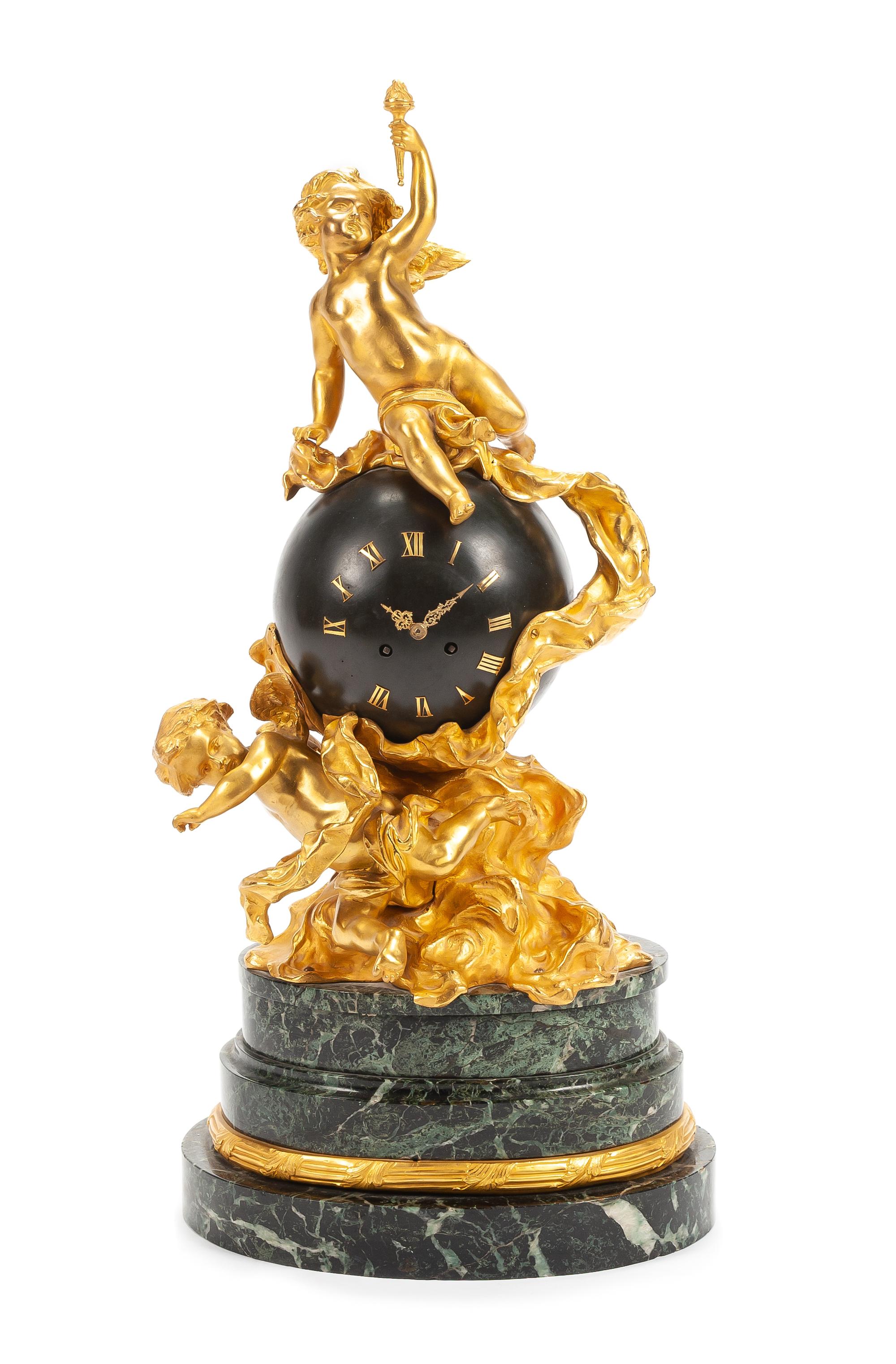 A Napoleon III Gilt and Patinated Bronze Mantel Clock Height 30 1/2 inches. — MOVEMENT BY VINCENTI ET CIE