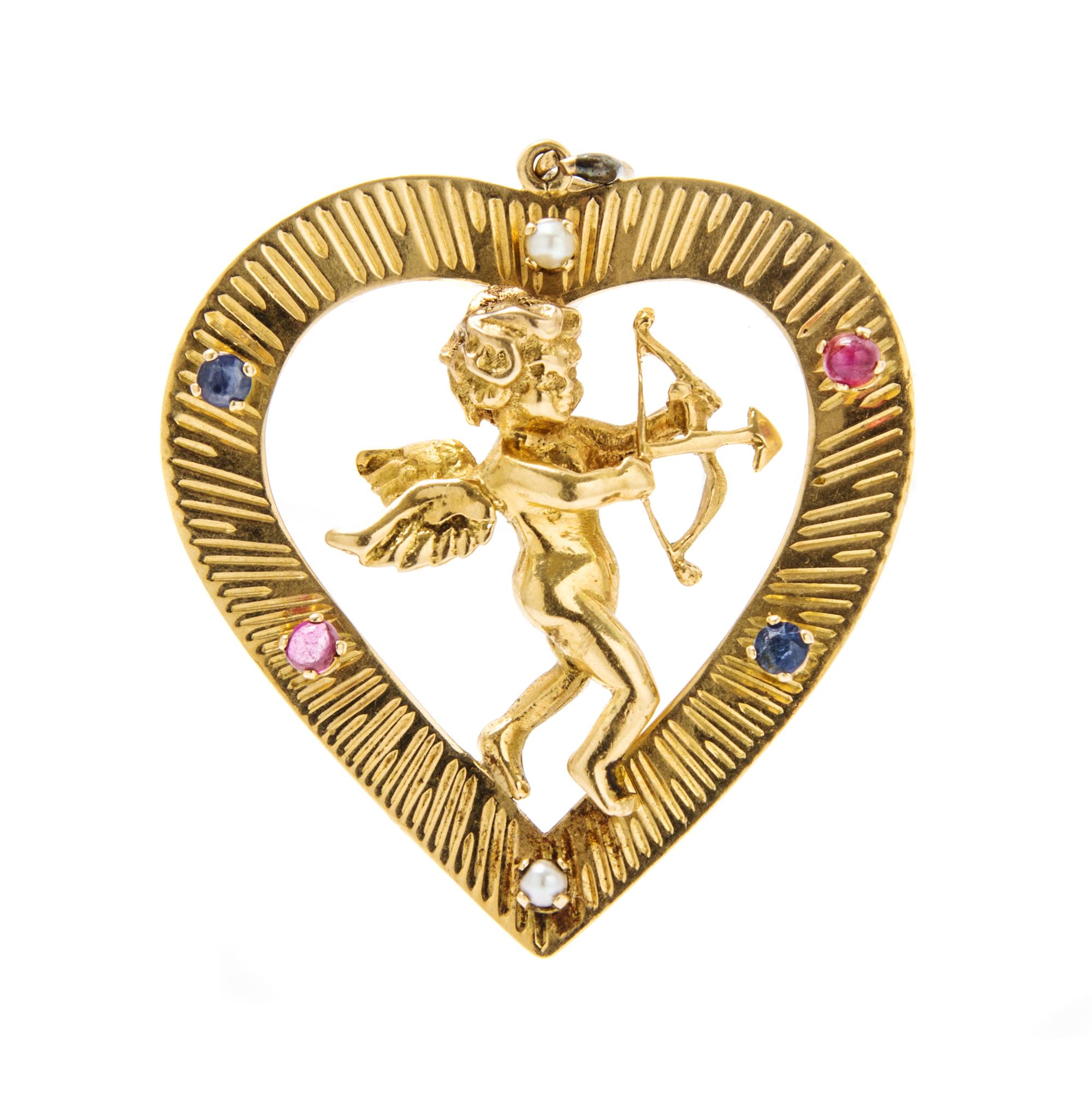 An 18 Karat Yellow Gold and Multi Gemstone Cupid Heart Pendant, Cherny, 10.40 dwts.
