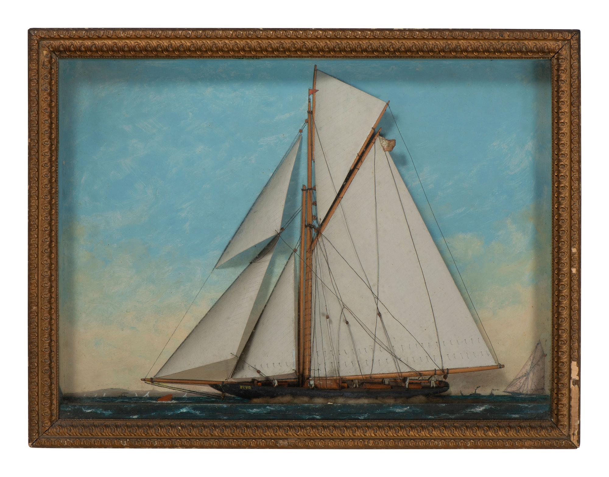 A Carved and Painted Wood Diorama of a Sailboat