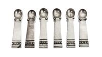 Six Mexican Silver Salt Spoons, William Spratling (1900-1967) Length 2 5/8 inches.
