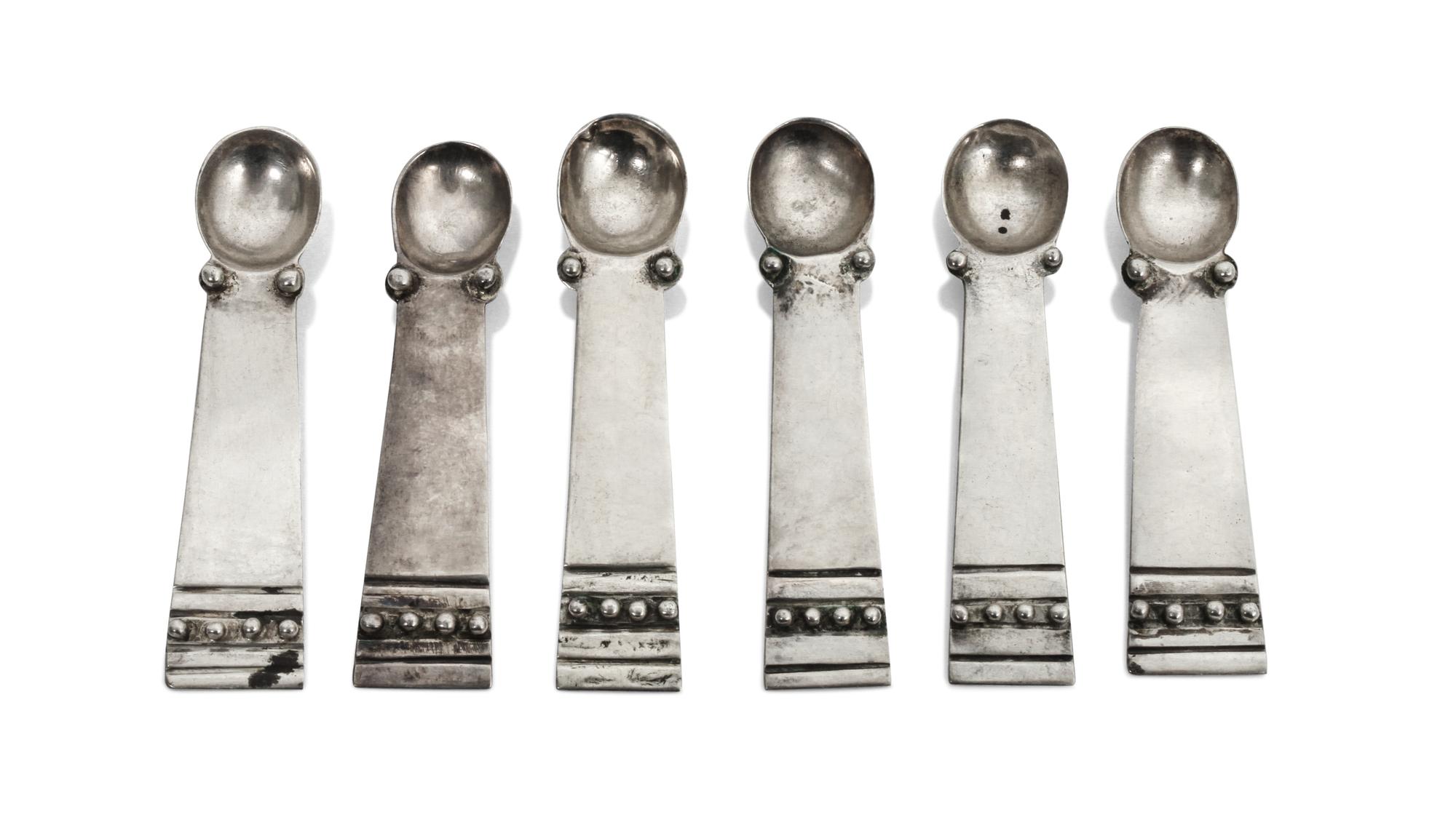 Six Mexican Silver Salt Spoons, William Spratling (1900-1967) Length 2 5/8 inches.