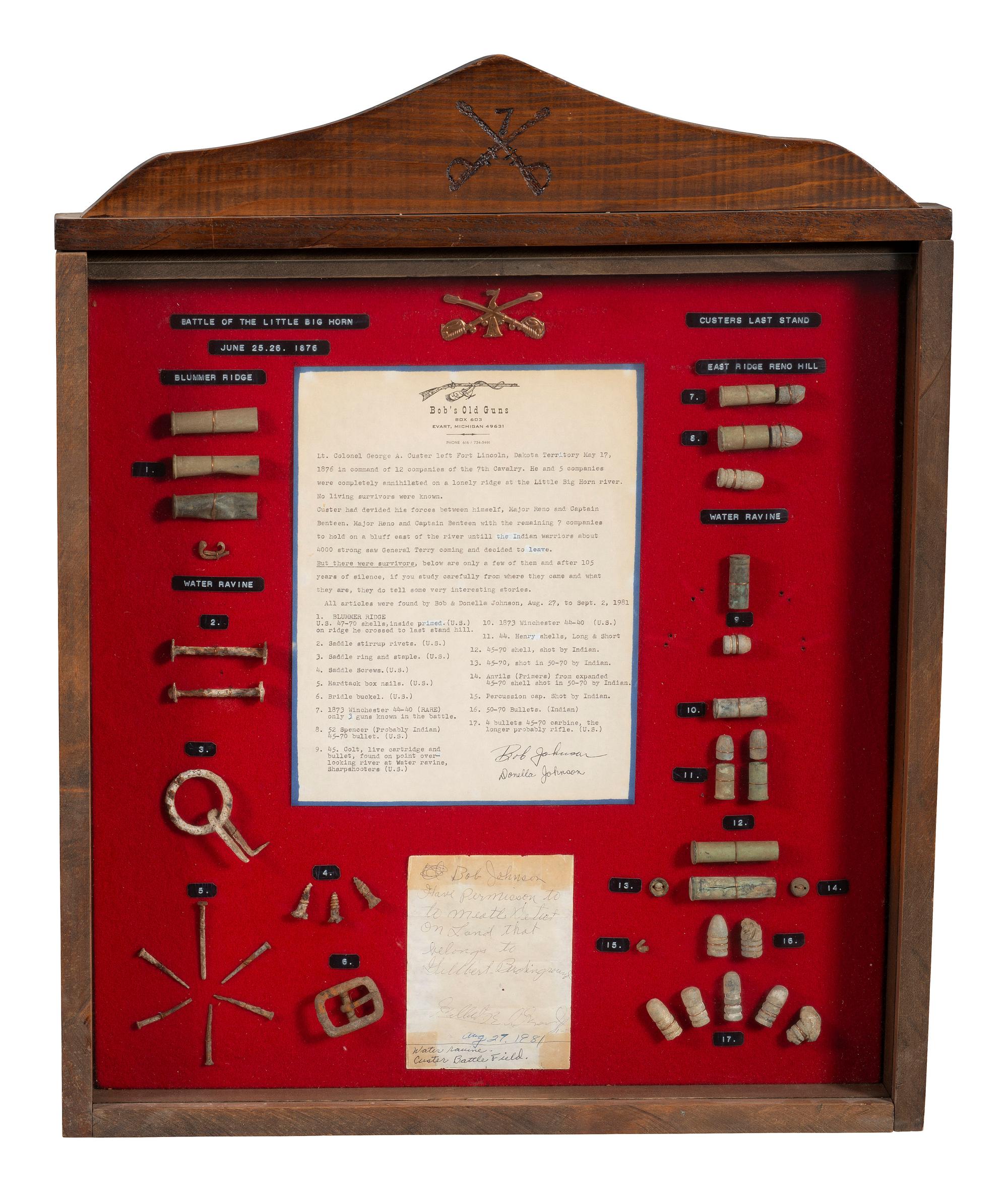 [LATE INDIAN WARS]. Little Bighorn Battlefield relics, incl. shells, buckles, and bullets, found by Bob and Donella Johnson in 1981.