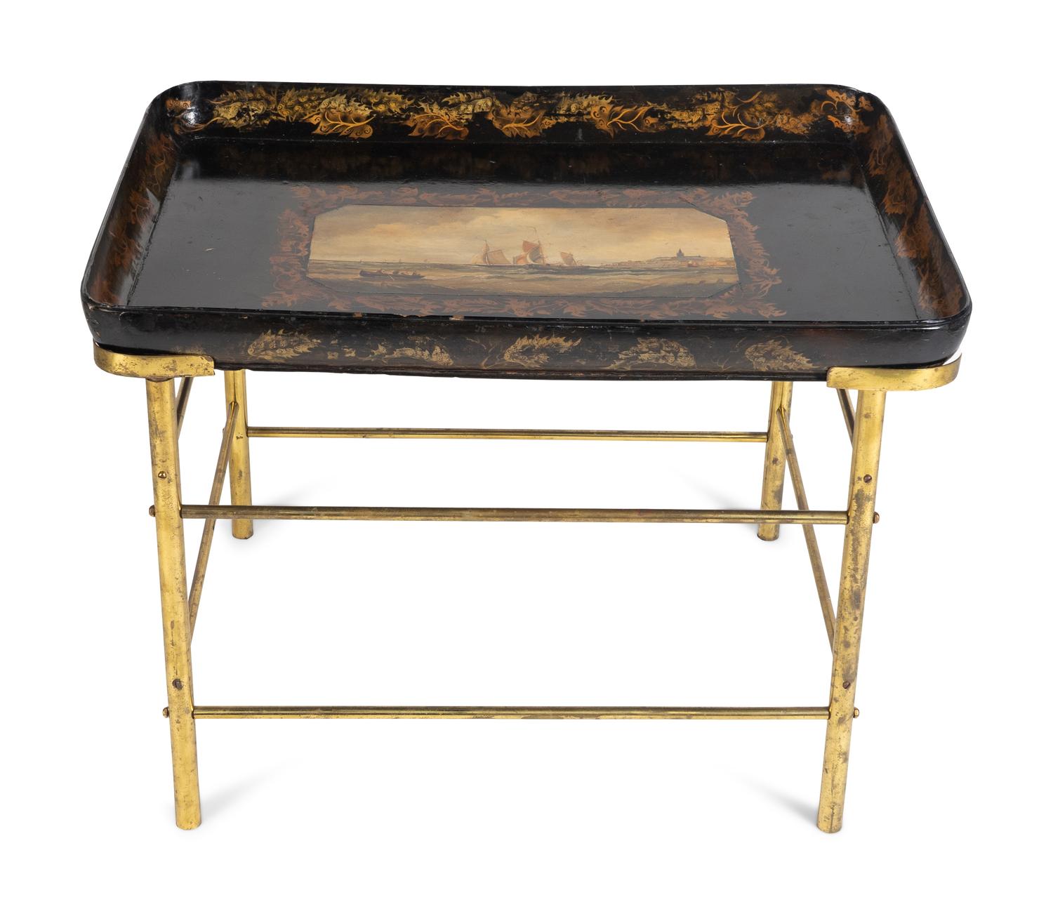 A Victorian Papier-Mâché Tray on Later Brass Stand — THE TRAY 19TH CENTURY