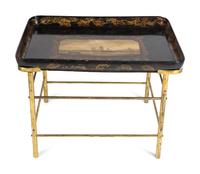 A Victorian Papier-Mâché Tray on Later Brass Stand — THE TRAY 19TH CENTURY