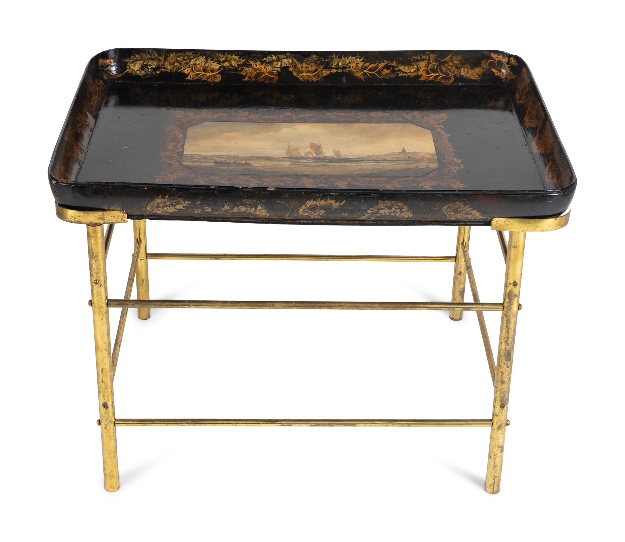 A Victorian Papier-Mâché Tray on Later Brass Stand — THE TRAY 19TH CENTURY