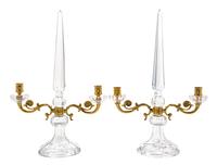 A Pair of French Gilt Bronze Mounted Glass Candelabra Height 18 3/4 inches.