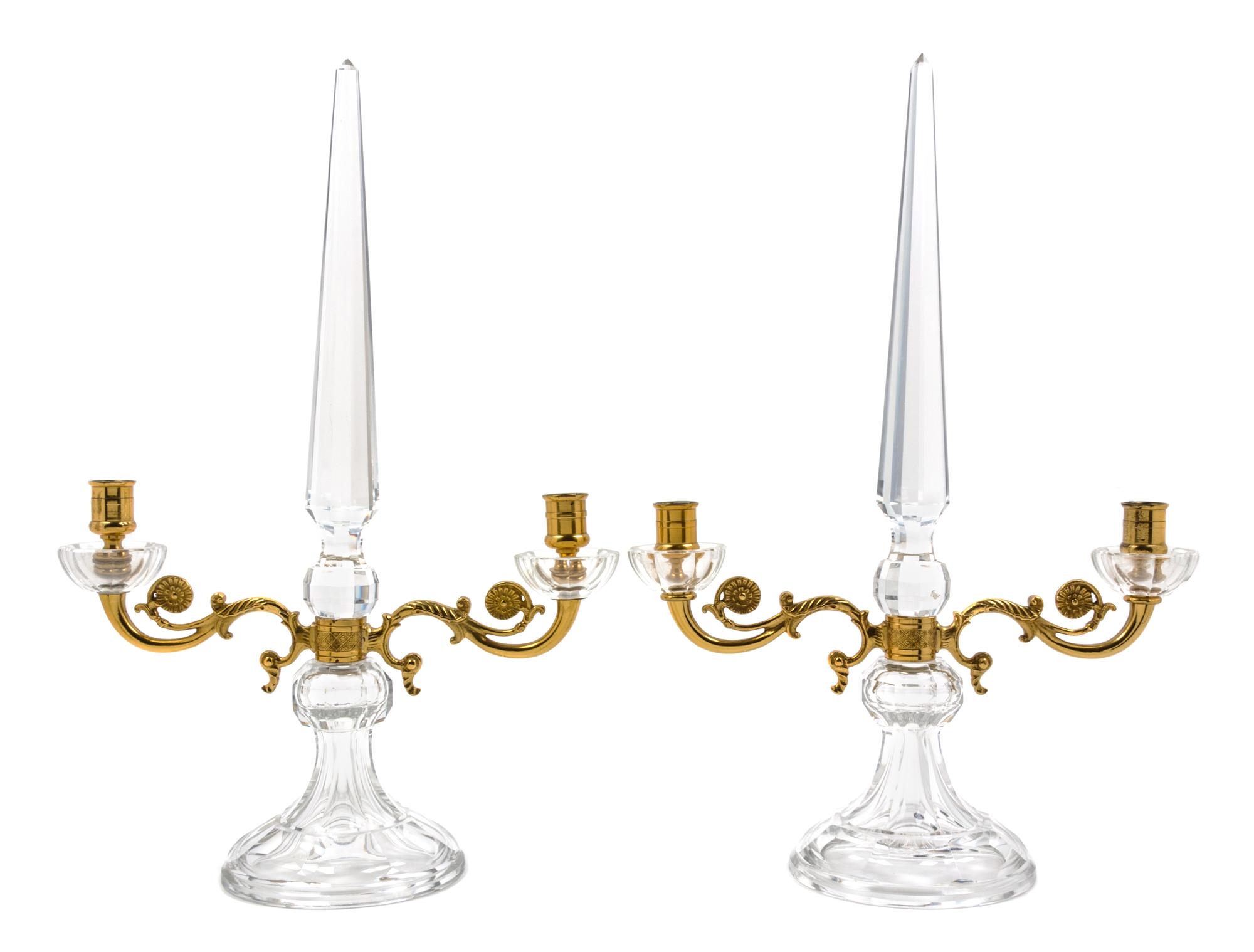 A Pair of French Gilt Bronze Mounted Glass Candelabra Height 18 3/4 inches.