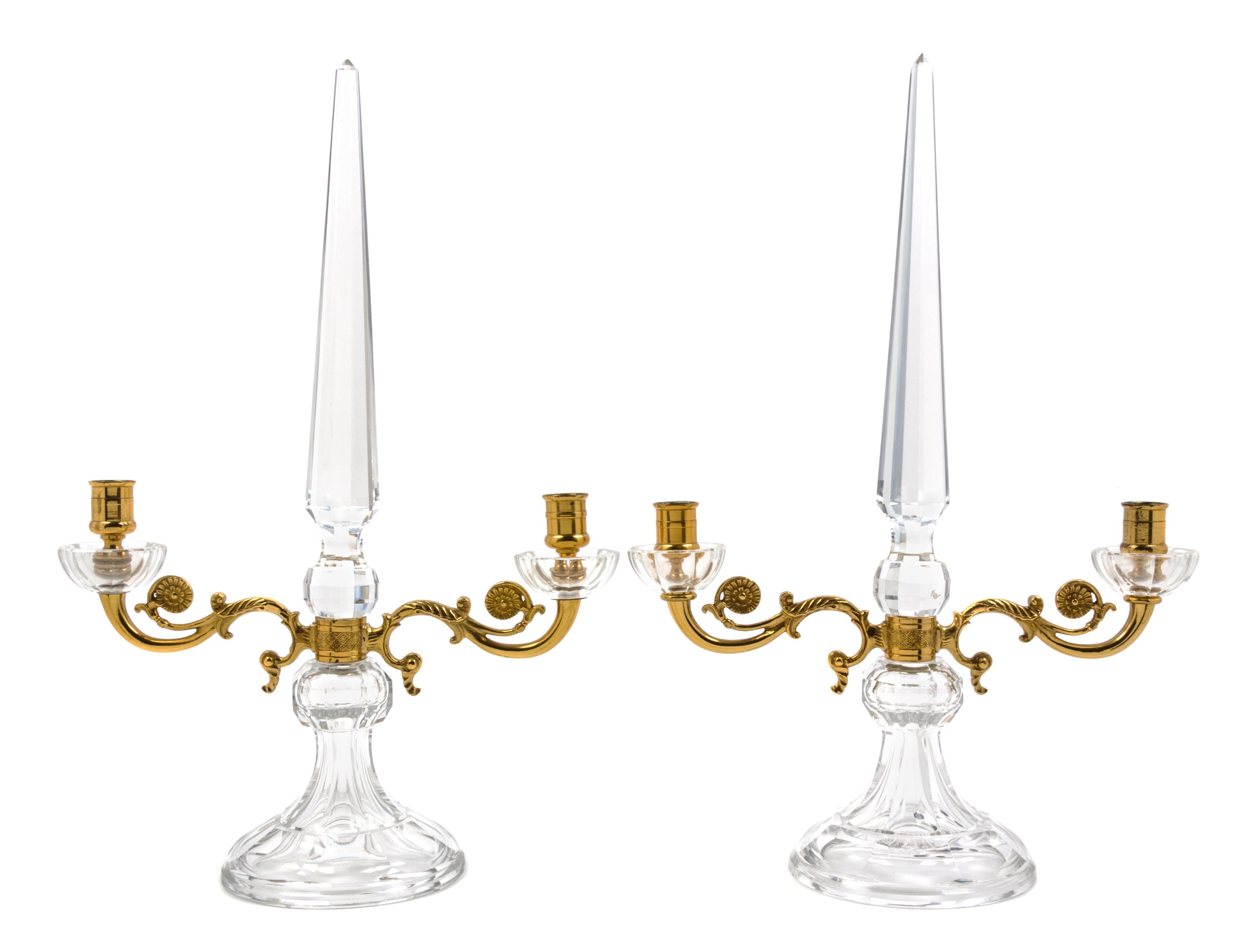 A Pair of French Gilt Bronze Mounted Glass Candelabra Height 18 3/4 inches.
