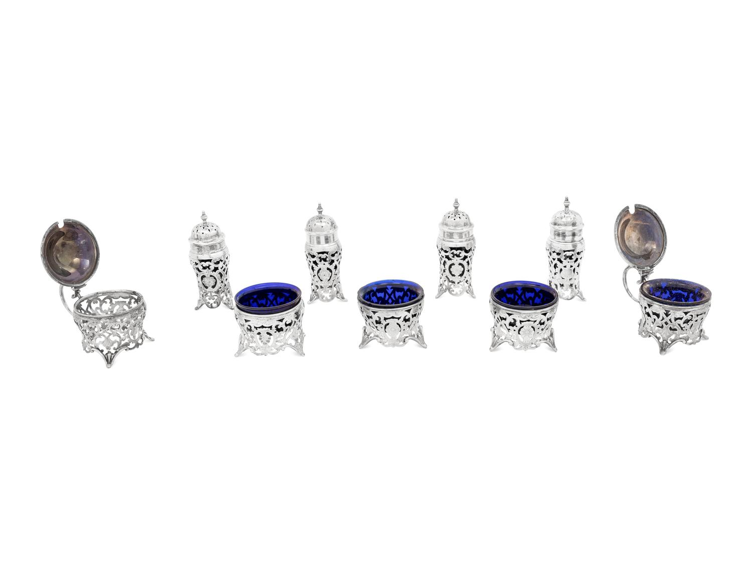 A Collection of Nine Canadian Silver and Cobalt Glass Table Articles