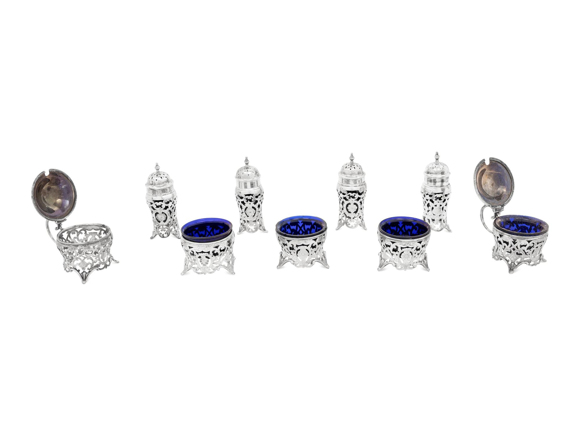 A Collection of Nine Canadian Silver and Cobalt Glass Table Articles
