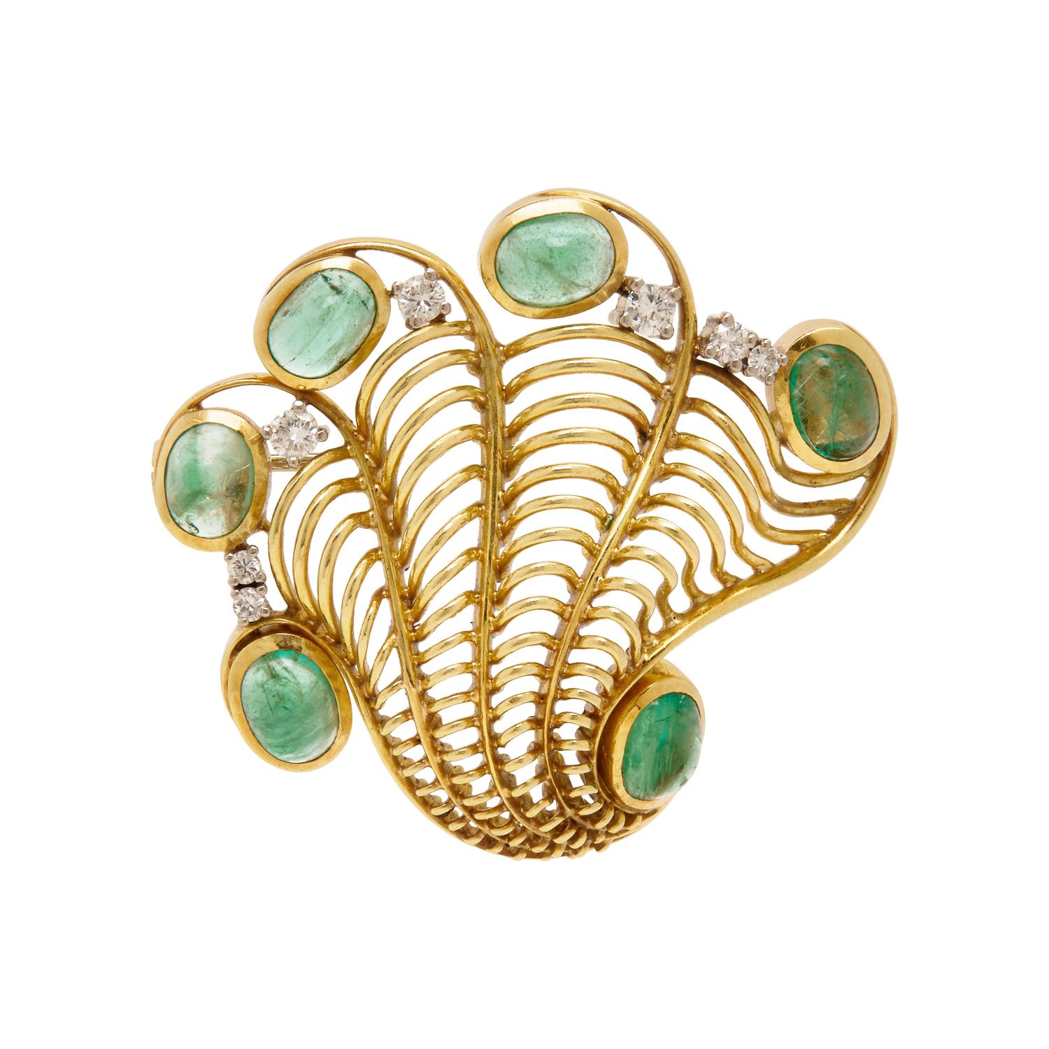 SPRITZER & FUHRMANN, YELLOW GOLD, EMERALD, AND DIAMOND BROOCH