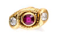 A Victorian Yellow Gold, Ruby and Diamond Twin Snake Ring, 5.40 dwts.