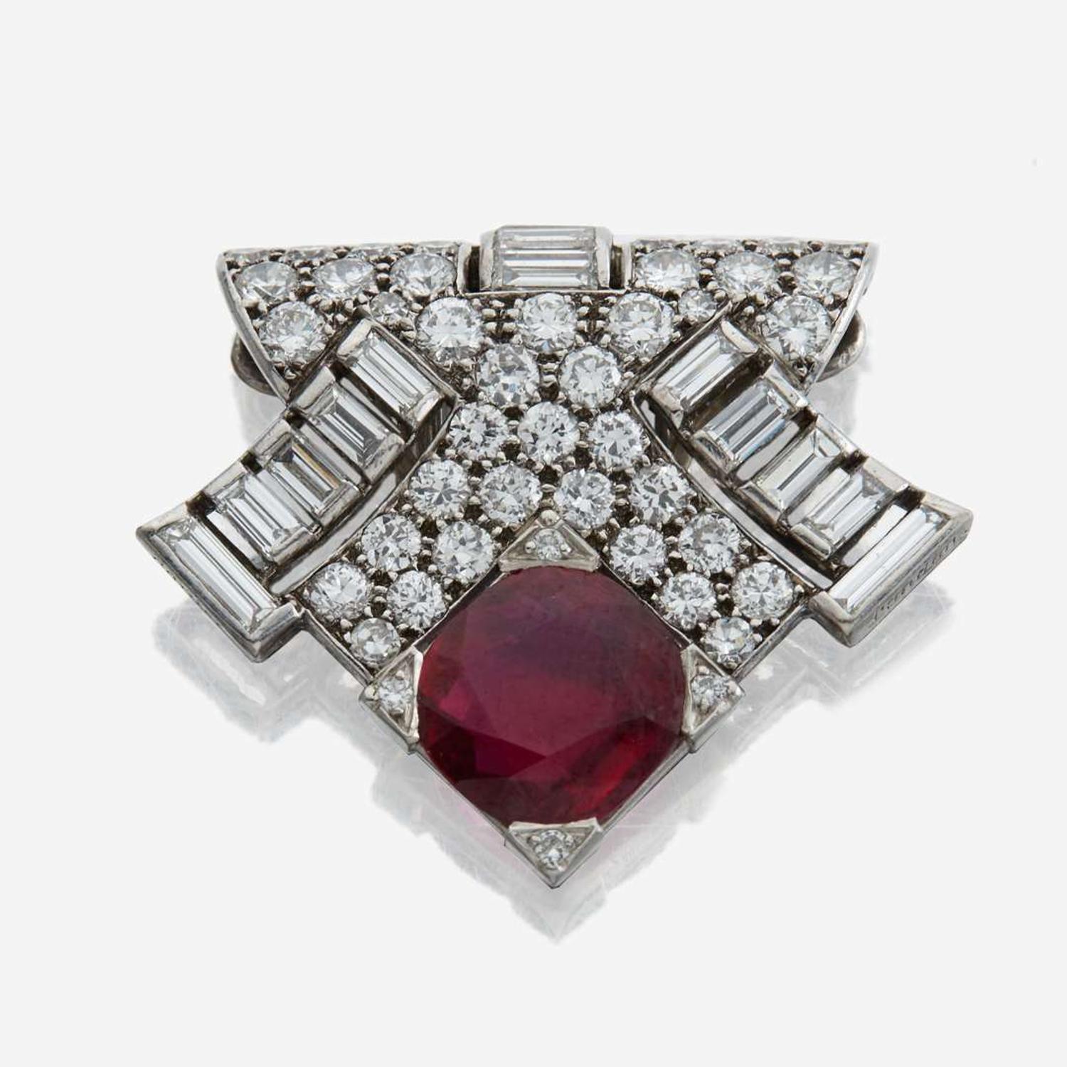 An Art Deco ruby, diamond, and platinum dress clip, Cartier London