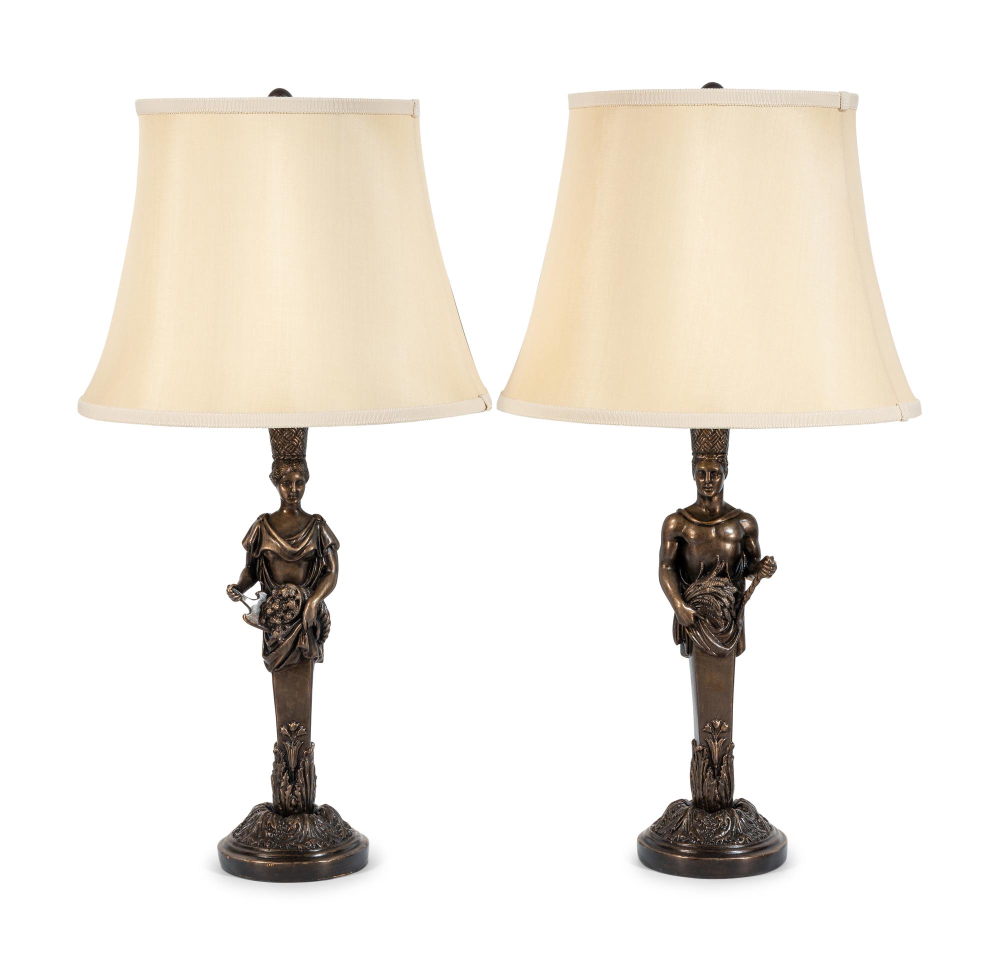 A Pair of Neoclassical Style Bronzed Plaster Herm Lamps