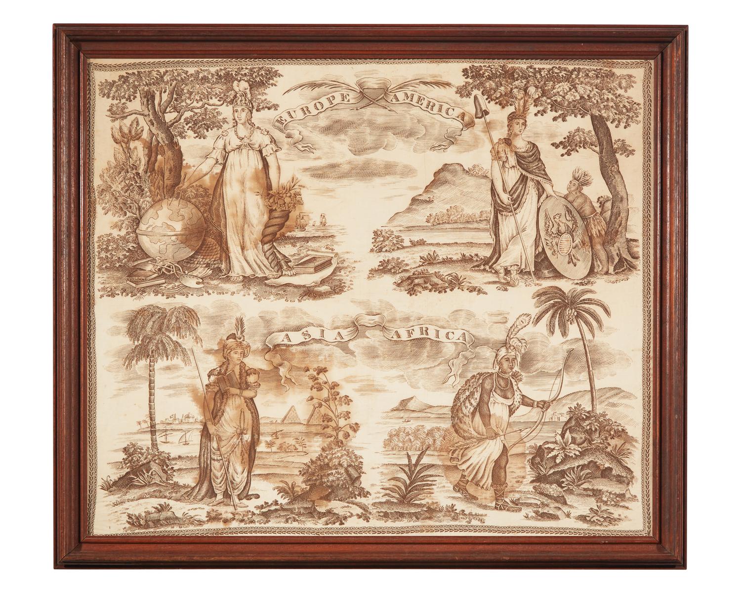 An English printed cotton handkerchief depicting the four continents, early 19th century