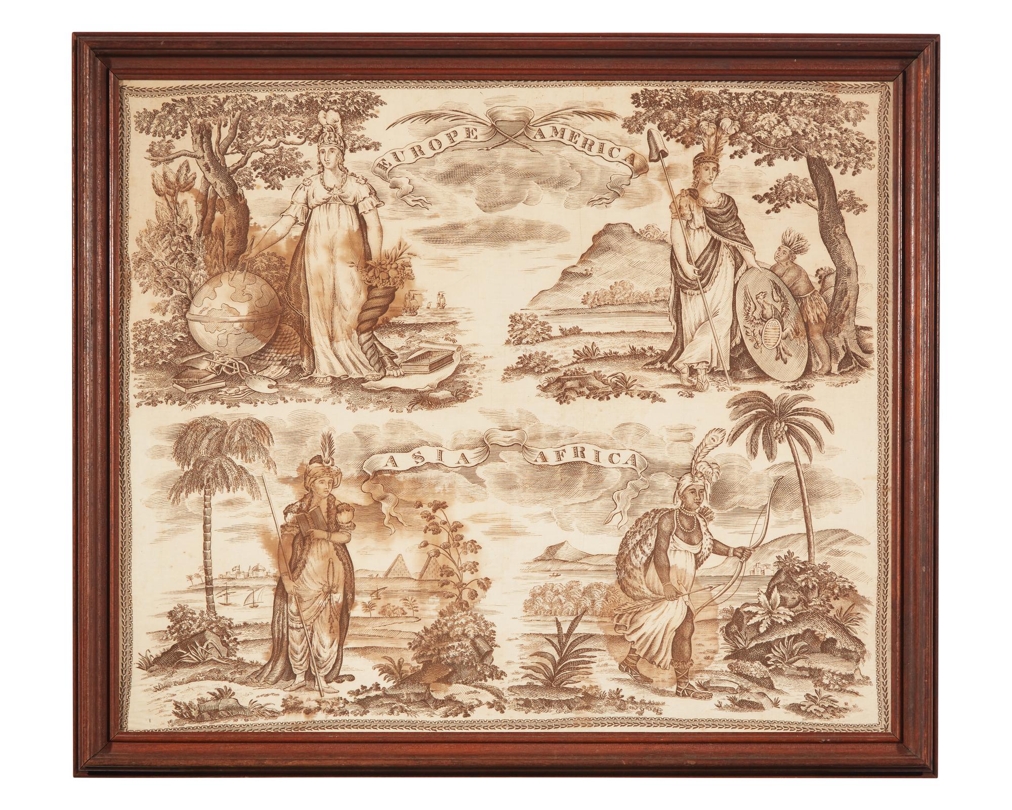 An English printed cotton handkerchief depicting the four continents, early 19th century