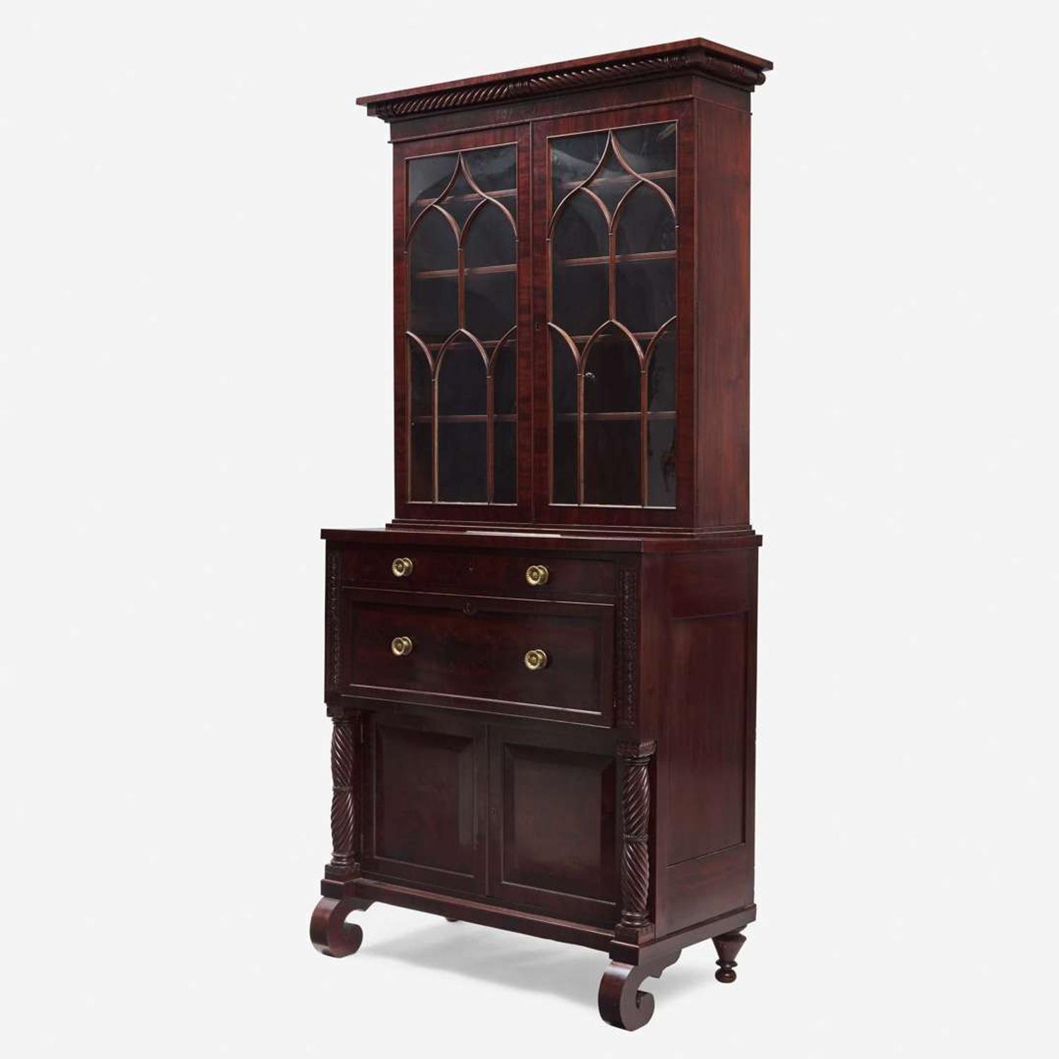 A Classical figured mahogany and bird's eye maple secretary bookcase Attributed to Anthony G. Quervelle (1789-1856), Philadelphia, PA, circa 1830