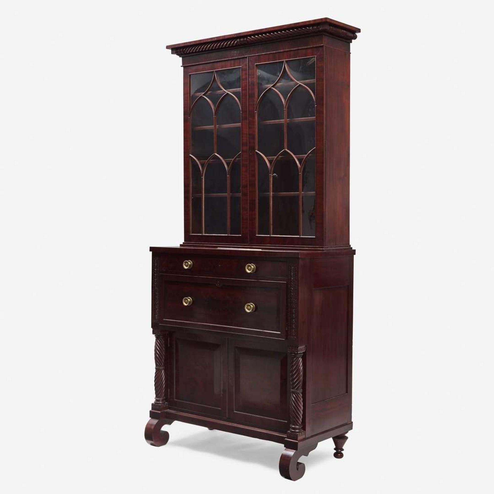 A Classical figured mahogany and bird's eye maple secretary bookcase Attributed to Anthony G. Quervelle (1789-1856), Philadelphia, PA, circa 1830