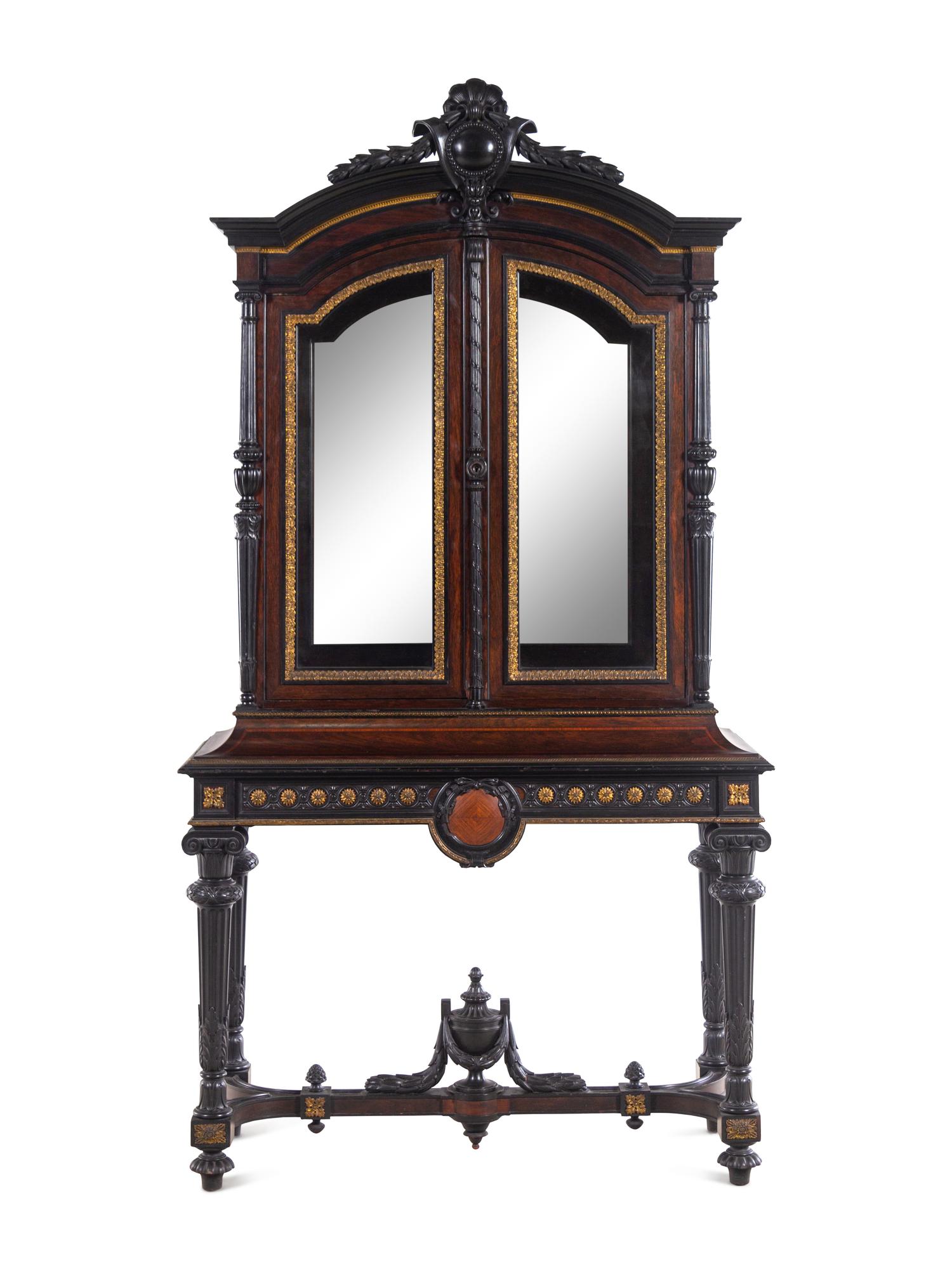 A Renaissance Revival Carved Walnut, Parcel Ebonized and Parcel Gilt Vitrine Cabinet on Stand