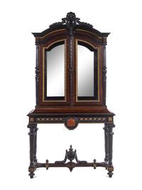 A Renaissance Revival Carved Walnut, Parcel Ebonized and Parcel Gilt Vitrine Cabinet on Stand