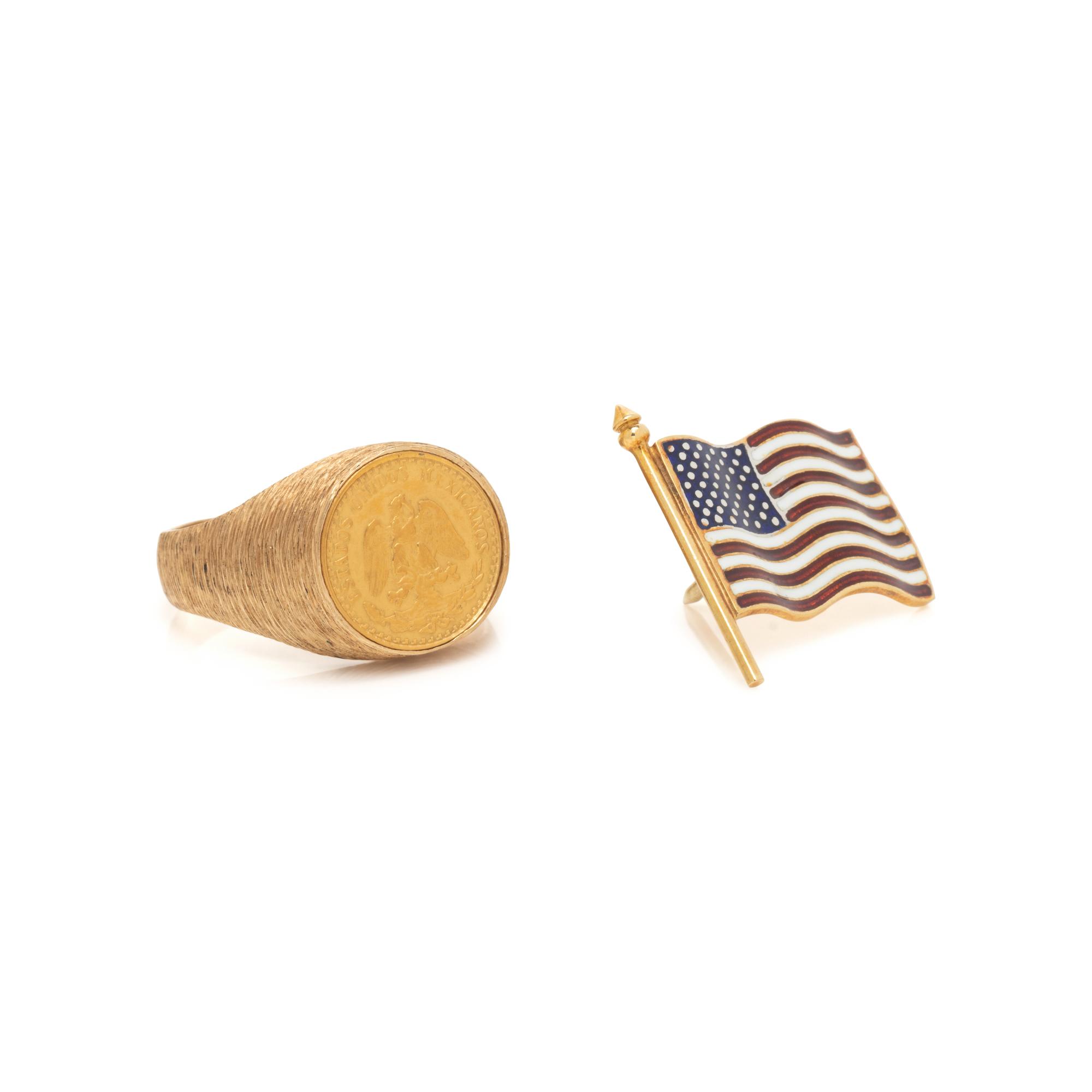 YELLOW GOLD AND ENAMEL AMERICAN FLAG PIN AND YELLOW GOLD RING