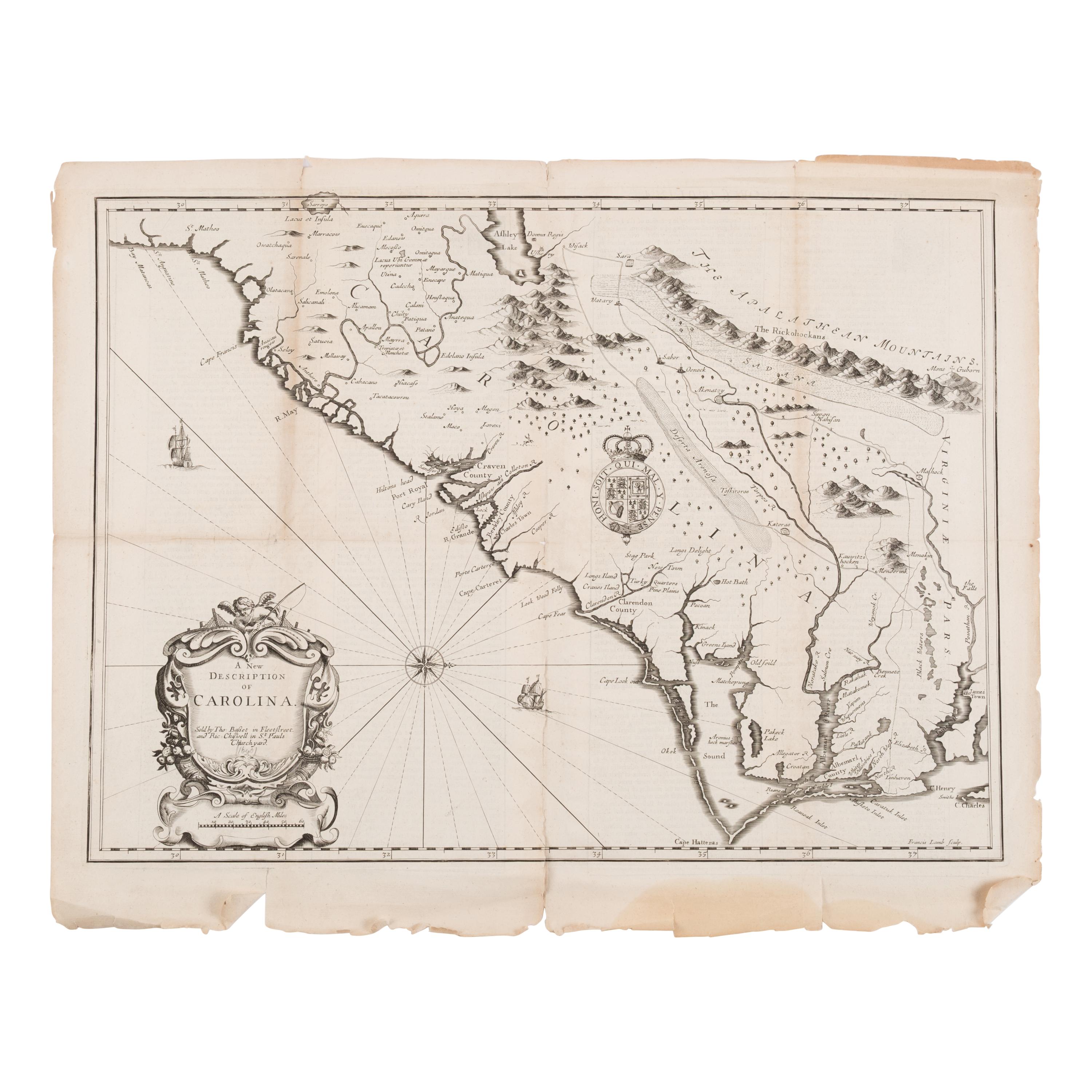 [Map]. Speed, John (1551/52-1629). A New Description of Carolina. London: Thomas Basset and Richard Chiswell, 1676.
