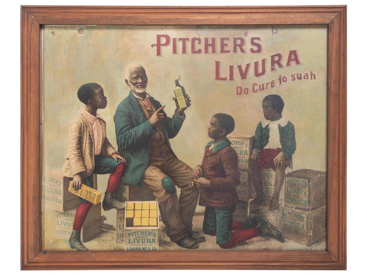 [ADVERTISING] -- [MEDICINE]. A group of 3 items highlighted by Pitcher's Livura advertisement featuring African American subjects.