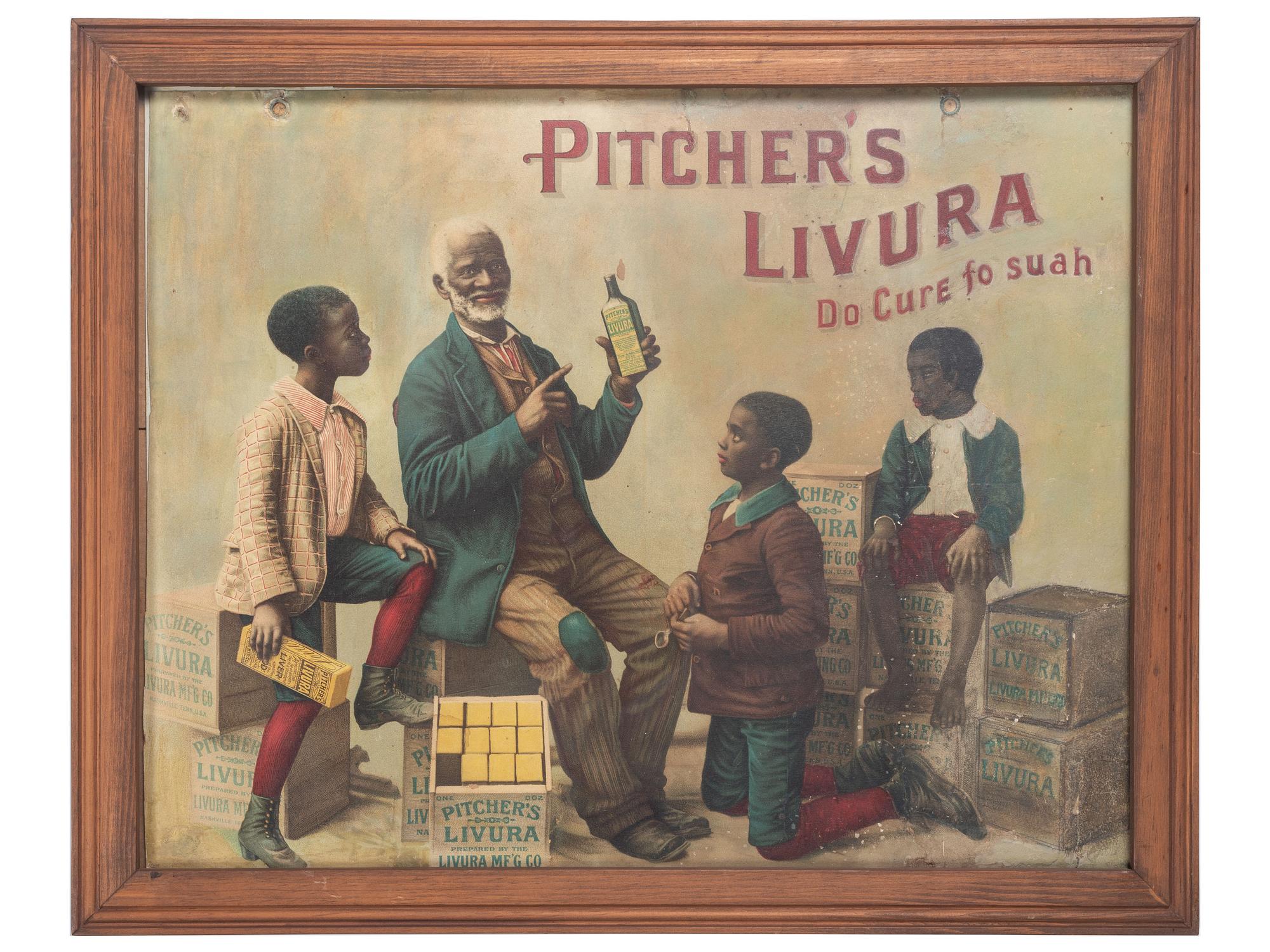 [ADVERTISING] -- [MEDICINE]. A group of 3 items highlighted by Pitcher's Livura advertisement featuring African American subjects.