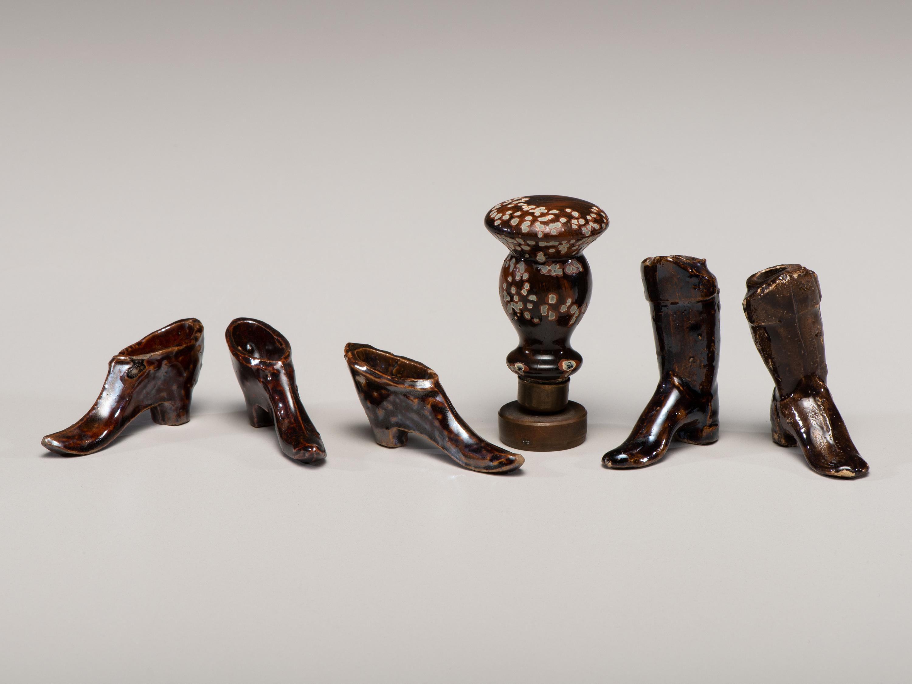 Five Rockingham Glazed Miniature Boots and Shoes