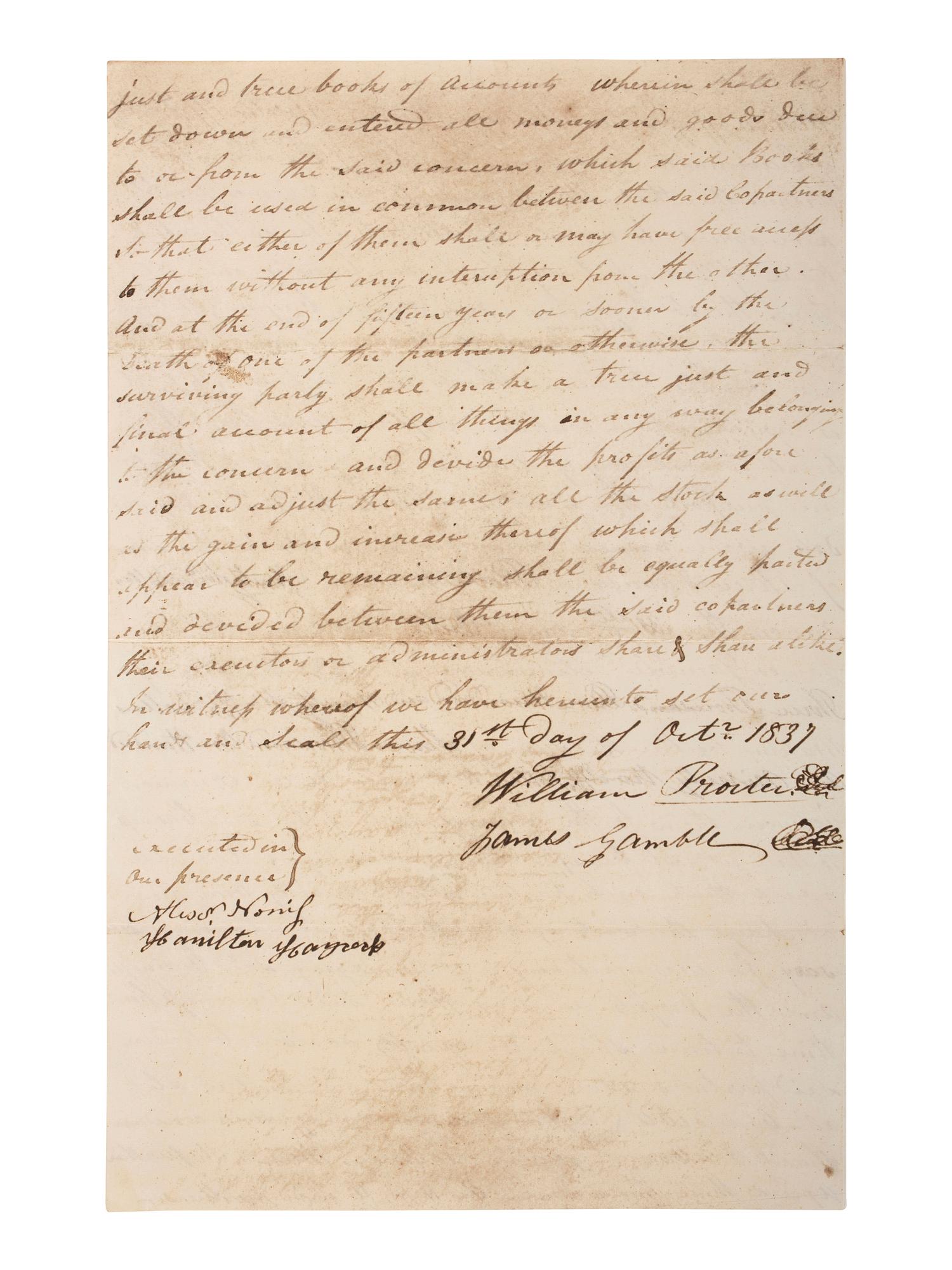 [BUSINESS]. Souvenir facsimile contract between William Procter and James Gamble sent to stockholders, ca 1962.