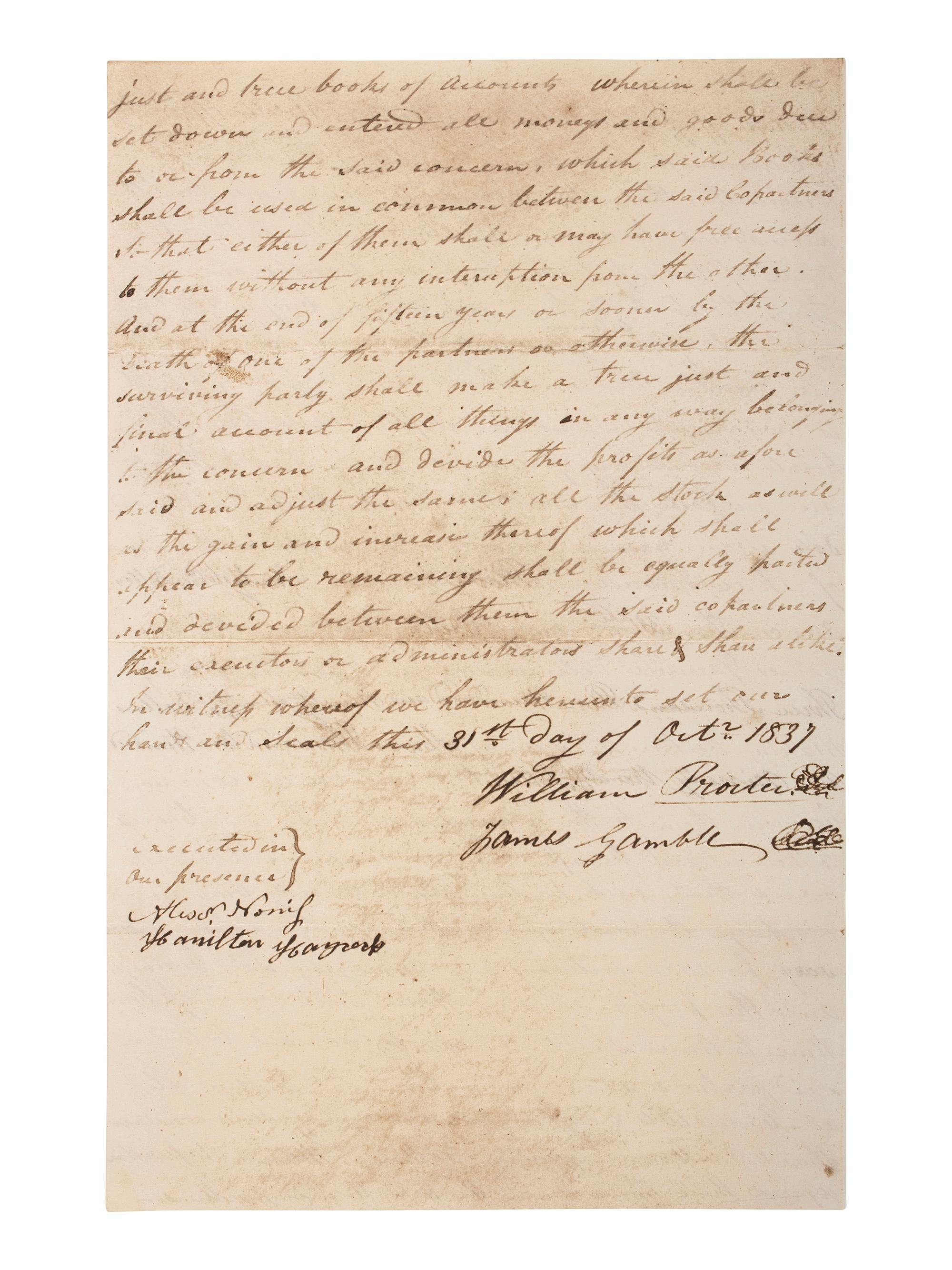[BUSINESS]. Souvenir facsimile contract between William Procter and James Gamble sent to stockholders, ca 1962.
