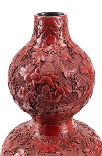 A Pair of Chinese Export Carved Red Lacquer Double-Gourd Vases