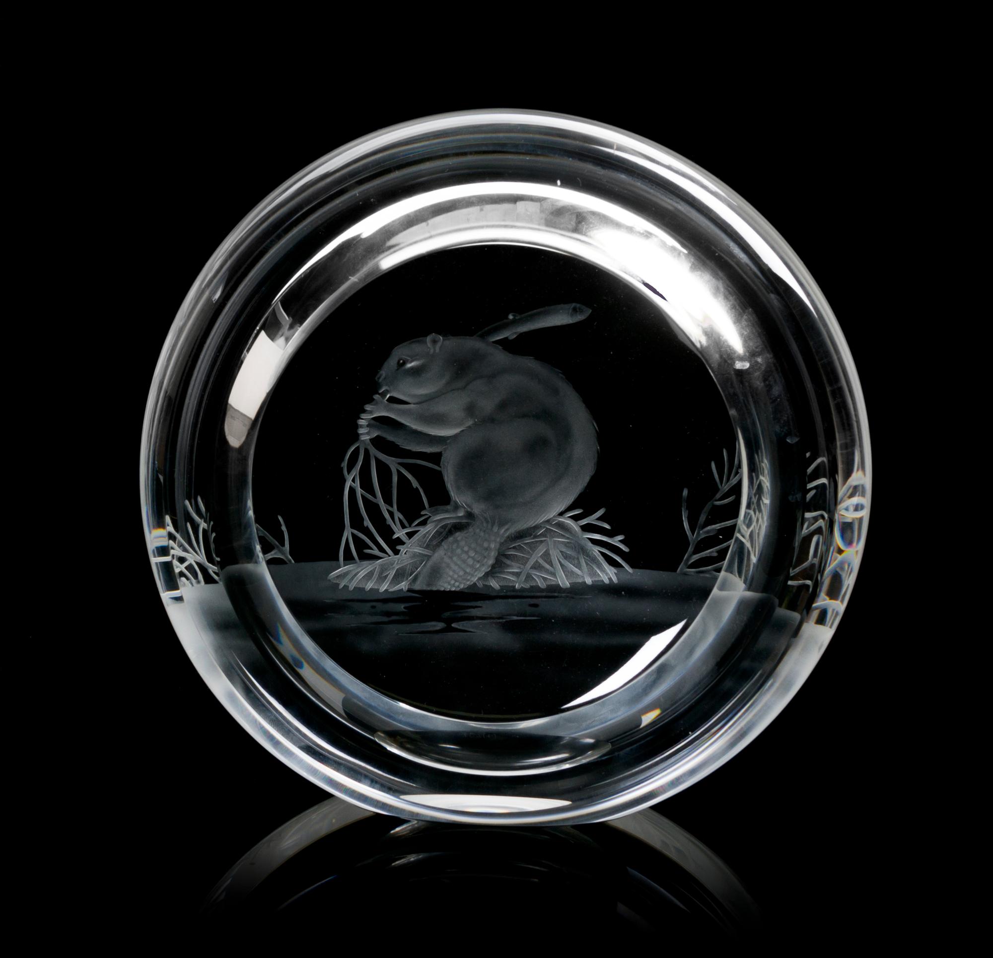 A Steuben Etched Glass Exhibition Piece, Height 8 1/8 inches.