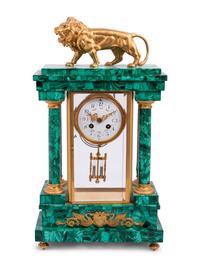 An Empire Style Gilt Metal and Malachite Veneered “Crystal Regulator" Clock