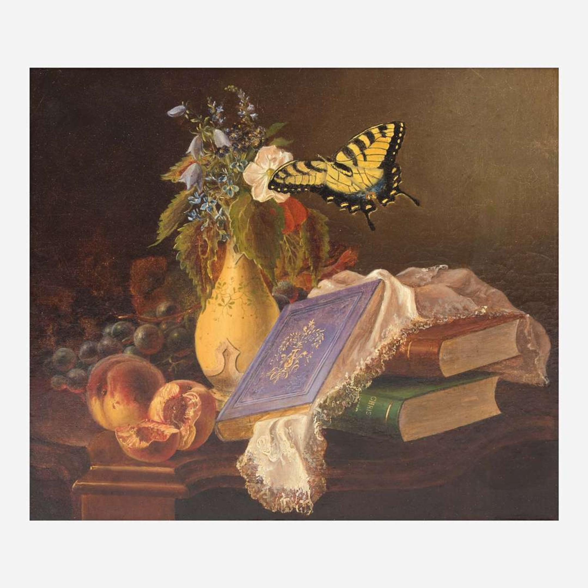 Eliza B. Duffey (American, 1838–1898) - Still Life with Books, Peach and Butterfly