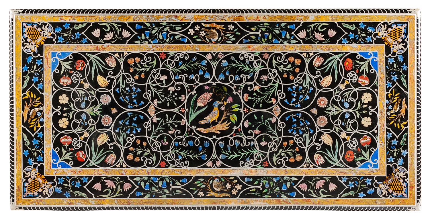 An Italian Pietra Dura Center Table Height 31 x length 77 1/2 x depth 38 inches.