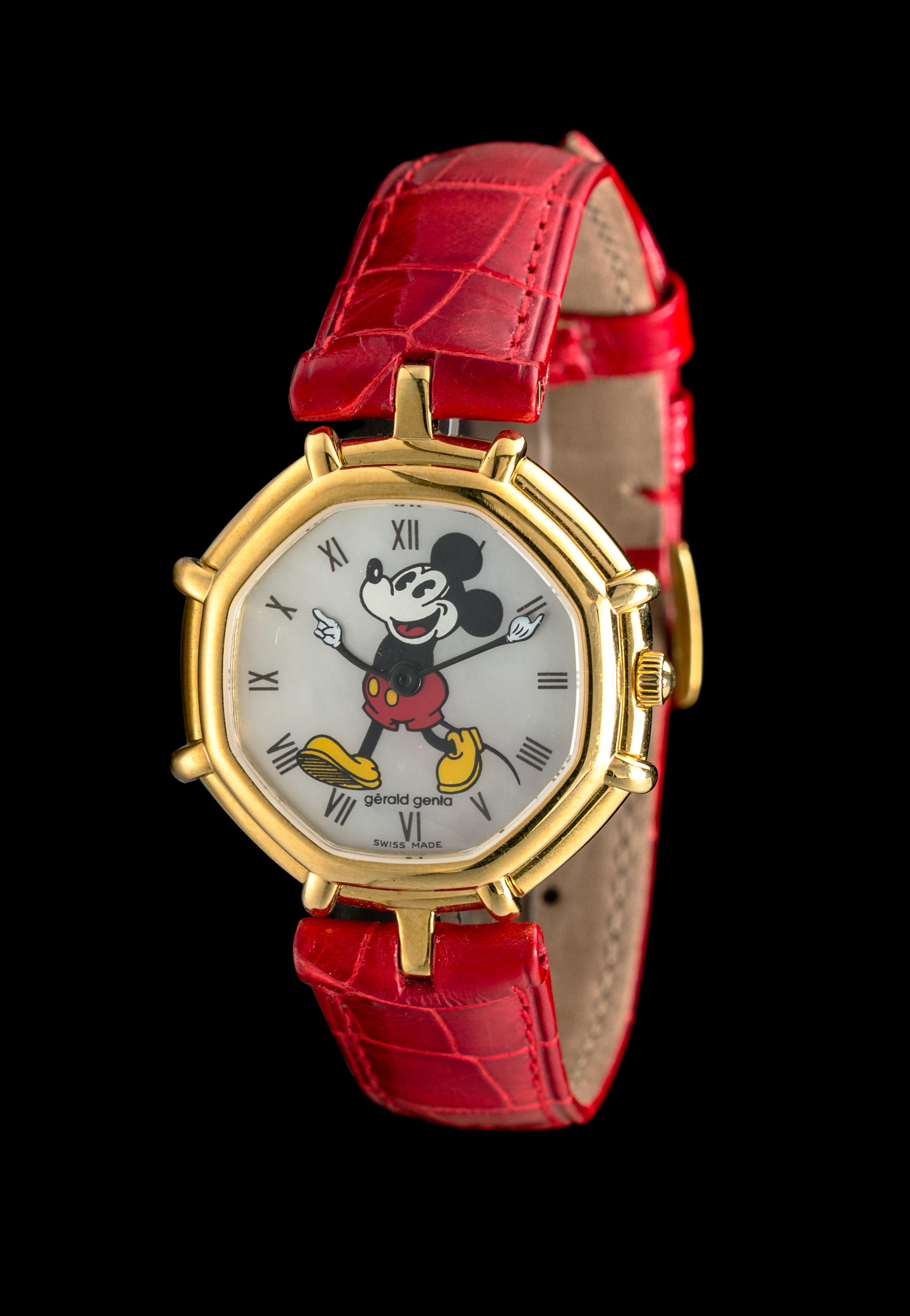 An 18 Karat Yellow Gold and Mother-of-Pearl Painted Mickey Mouse Wristwatch, Gerald Genta for Disney,