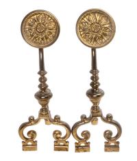 A Pair of Arts and Crafts Brass Andirons Height 18 1/4 inches.