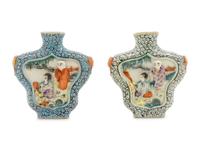 Two Molded Famille Rose Porcelain Snuff Bottles