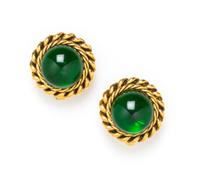 A Pair of Green Glass Earclips, 1" x 1".