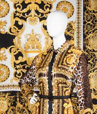 Versace Tribute "Wild Baroque" Silk Print Shirt Dress and Scarf, Spring 2018