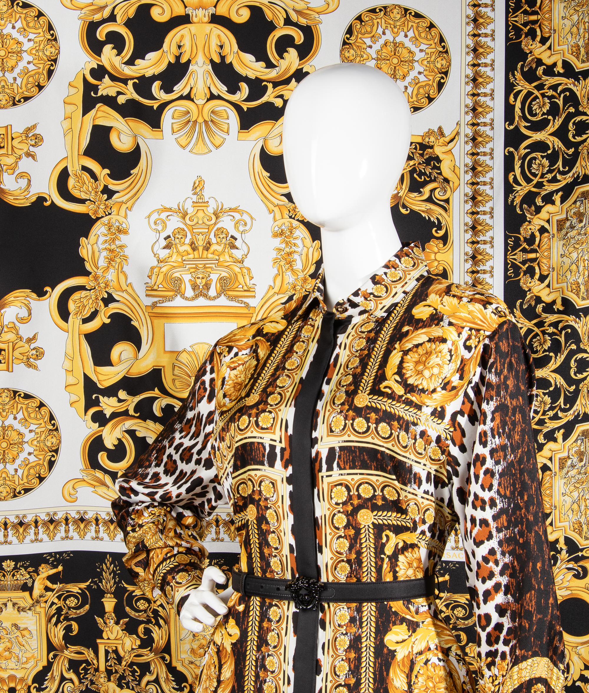 Versace Tribute "Wild Baroque" Silk Print Shirt Dress and Scarf, Spring 2018