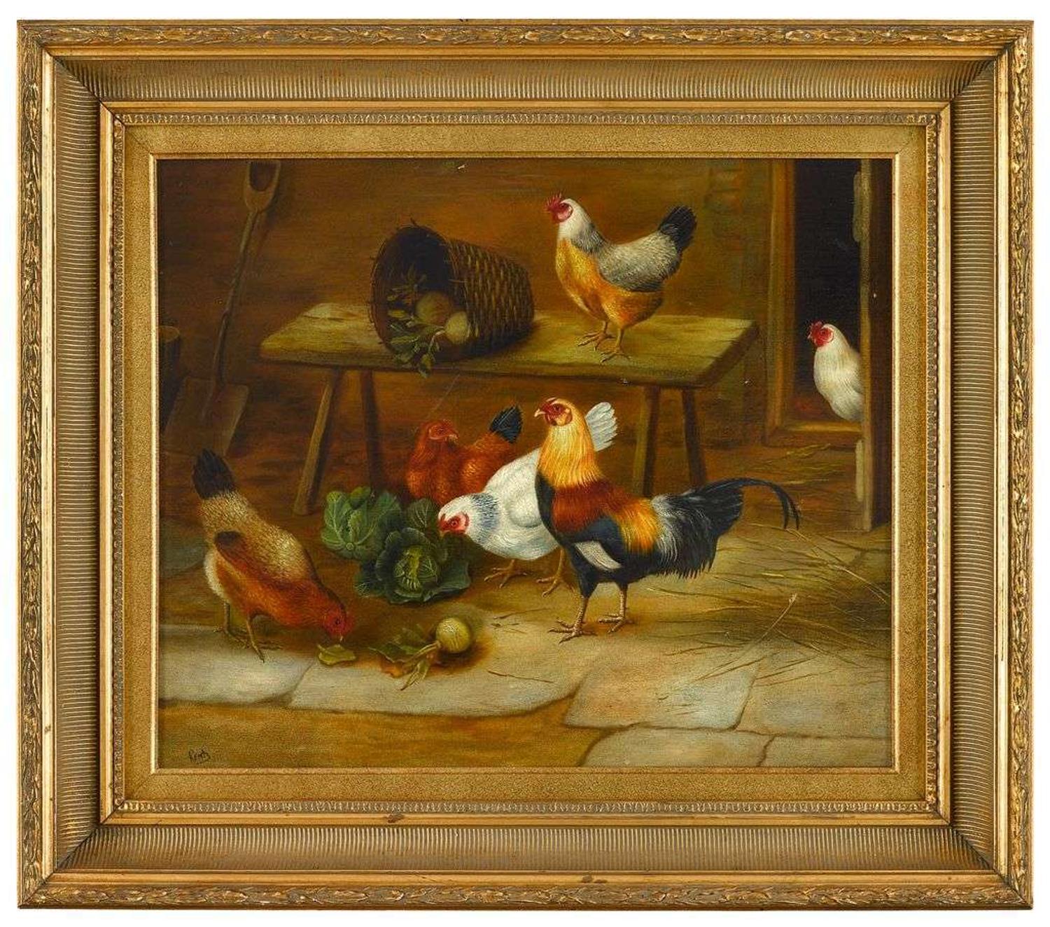 American School 20th century chickens and rooster eating vegetables