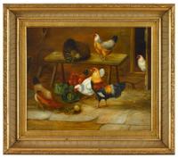 American School 20th century chickens and rooster eating vegetables