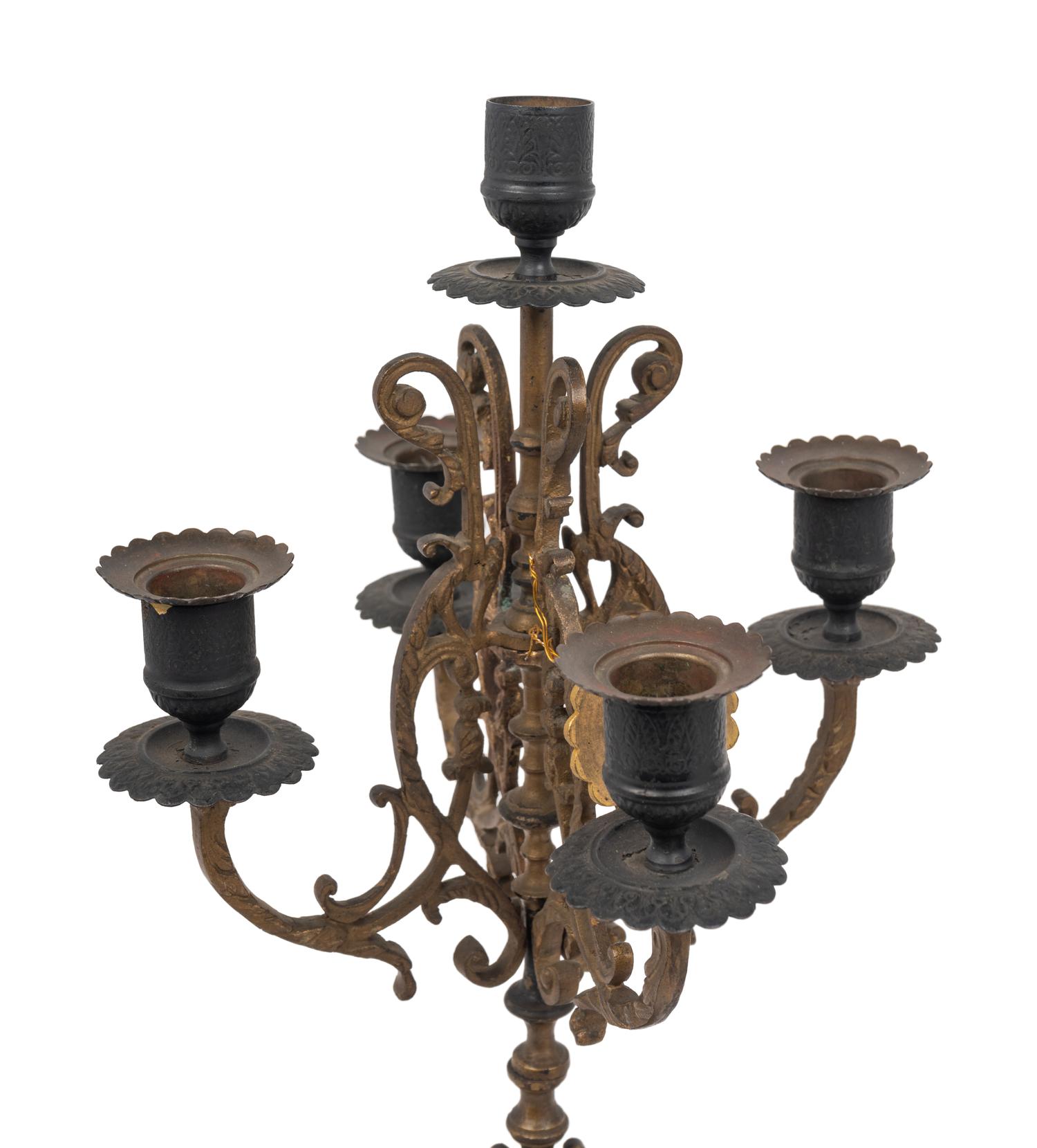 A Pair of French Cast Metal and Slate Five-Light Candelabra