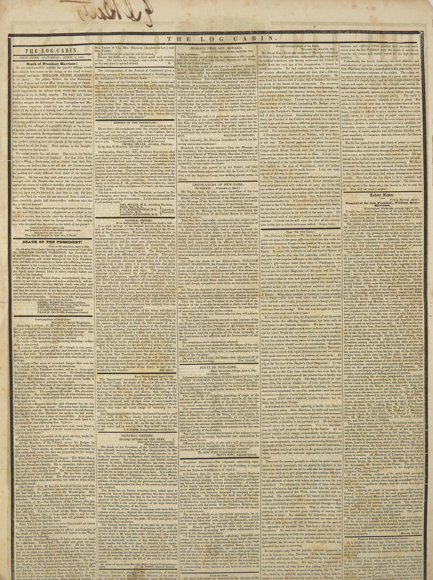 [Harrison, William Henry] The Death of American President William Henry Harrison is Announced in his own Newspaper, "The Log Cabin"